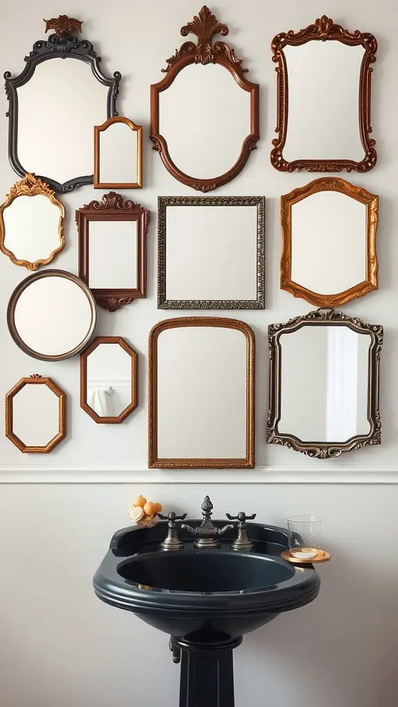 A gallery wall featuring various antique mirrors in different shapes and sizes, above a black sink.