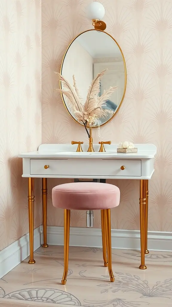 A bathroom vanity with blush velvet stool and brass accents, featuring a round mirror and art deco wallpaper.