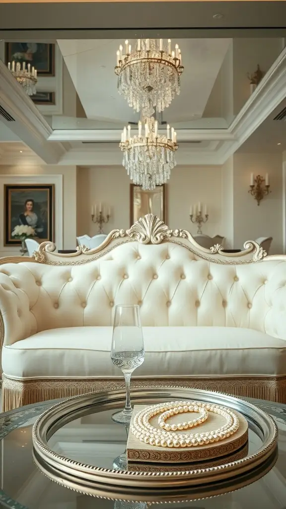 A luxurious cream-colored couch with pearl embroidery in a stylish living room setting
