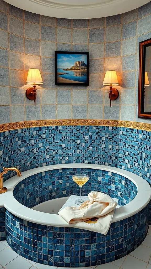 A luxurious spa tub with mosaic tiles in blue, surrounded by elegant lighting and decor.