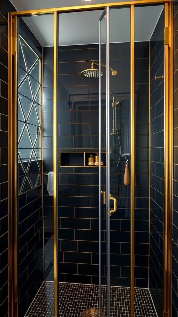 A stylish brass deco shower screen in a modern bathroom setting.
