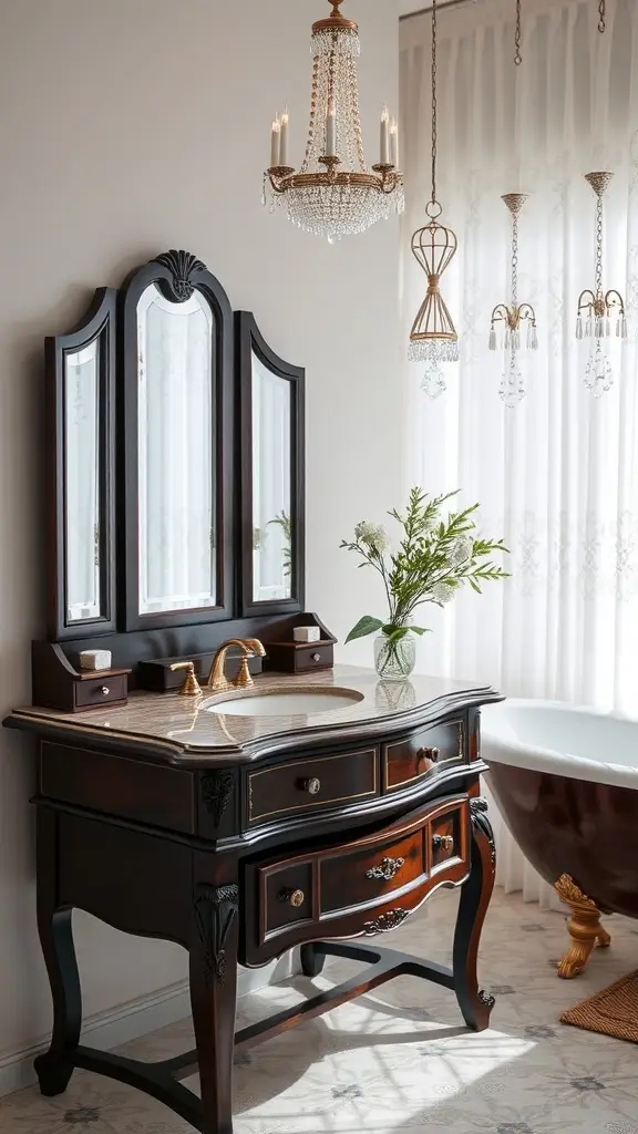A French Art Deco vanity table with a marble top, ornate woodwork, and elegant mirrors, set in a stylish bathroom.