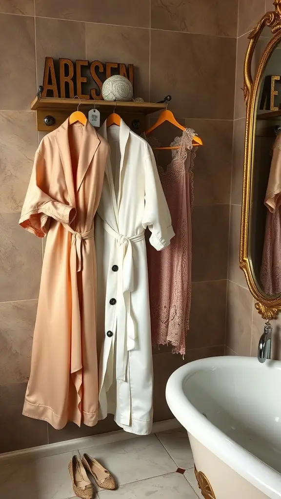 Silk robes hanging in a stylish bathroom nook with a wooden shelf and decorative elements.