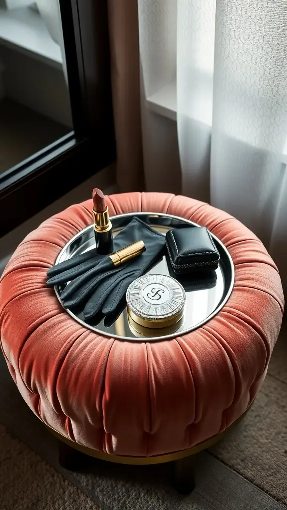 A stylish coral powder bench with a mirror top, featuring lipstick, gloves, and a compact.