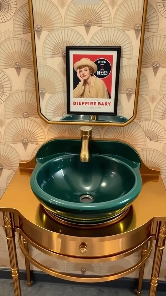 A green sink with a gold base and a vintage poster above it, set against a patterned wall.