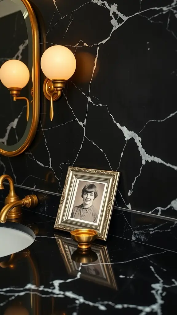 A bathroom featuring opaline light fixtures, black marble with white veining, and a vintage photo in a golden frame.