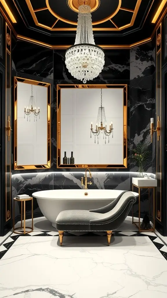 Luxurious bathroom inspired by the Great Gatsby era featuring black marble, gold accents, and elegant lighting.