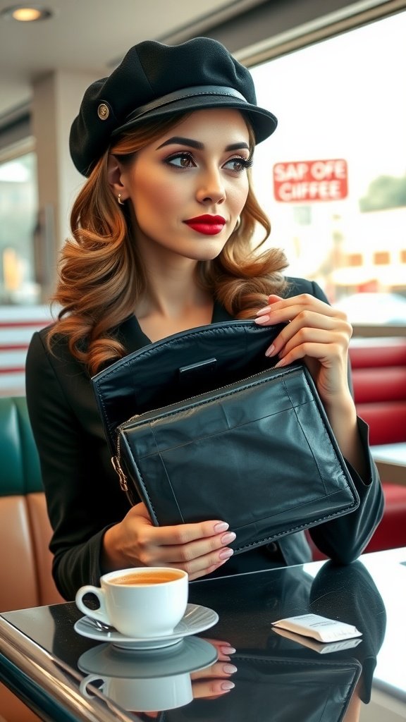 A stylish woman with crimson lipstick holding a black purse in a diner.
