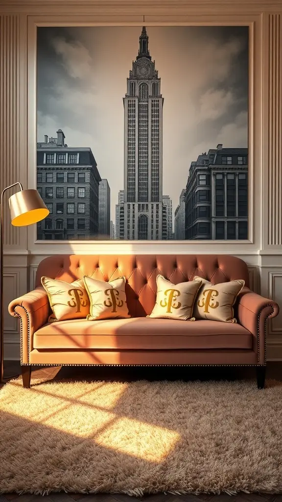 A velvet mauve couch with monogrammed pillows in a stylish living room setting.