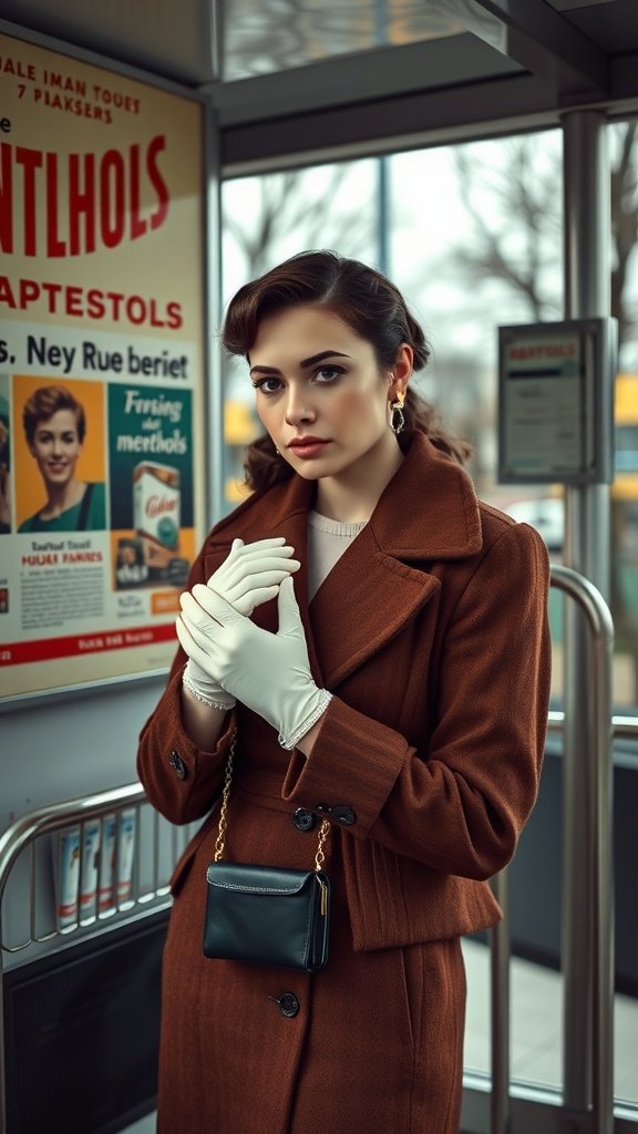 A woman in a stylish coat and gloves, holding a cigarette, standing in a vintage setting.