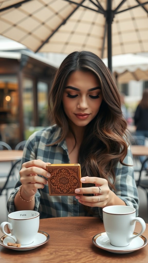A stylish woman holding a pearl-handled cigarette case at a cafe table with coffee cups.