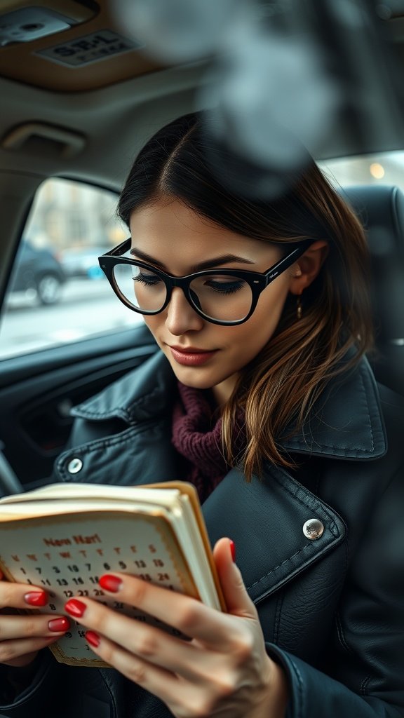A woman reading a book in a car with an 'OPEN' sign in the background.
