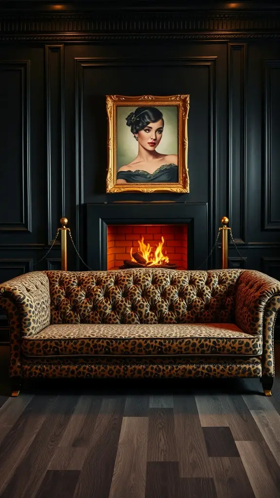 A leopard print couch in a dark room with a fireplace and a framed portrait on the wall.