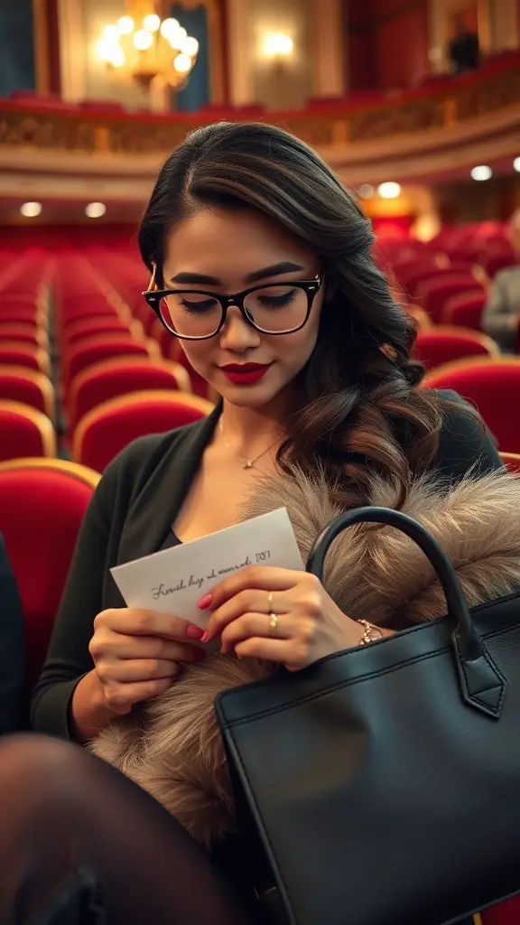 A woman in a theater holding a folded note, wearing glasses and a stylish outfit, with a black purse beside her.