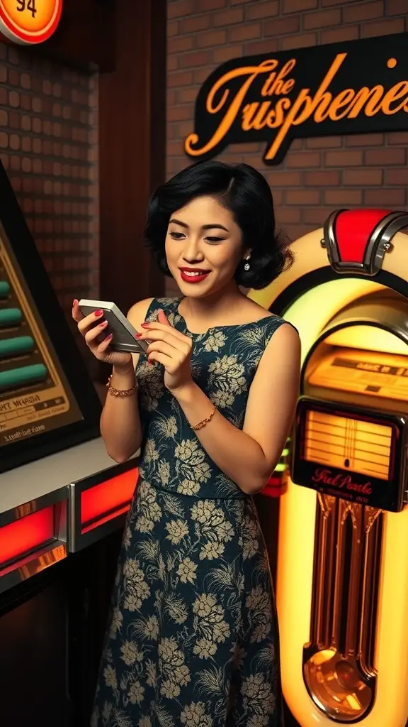 A woman applying lipstick using a compact mirror, showcasing a bold lip look.