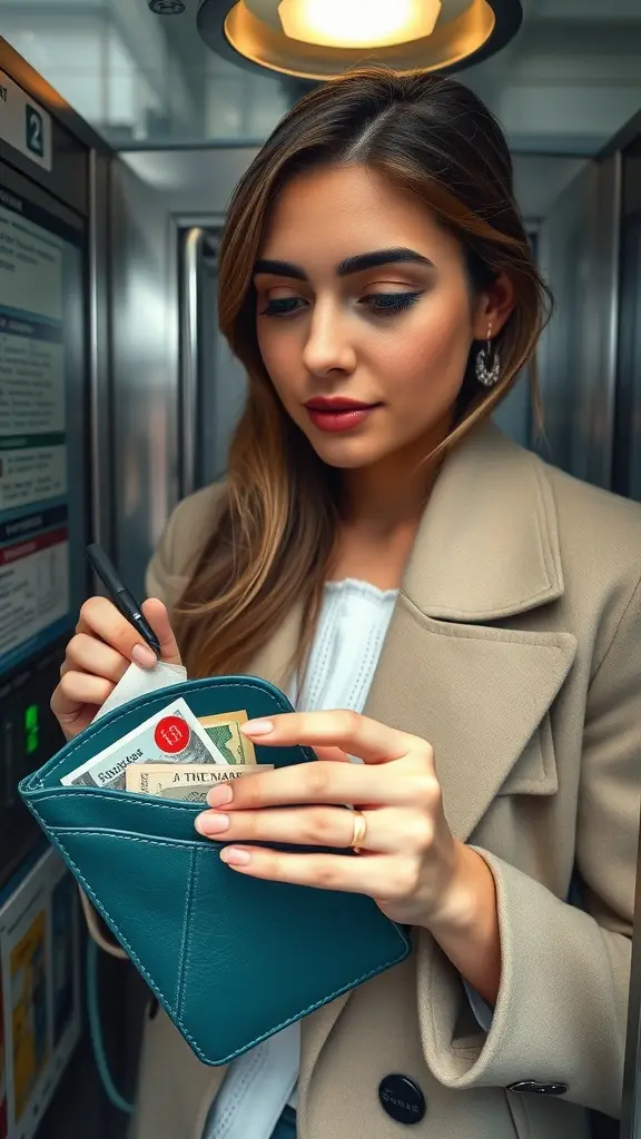 A woman holding a teal wallet with cash and cards inside, standing in a stylish setting.