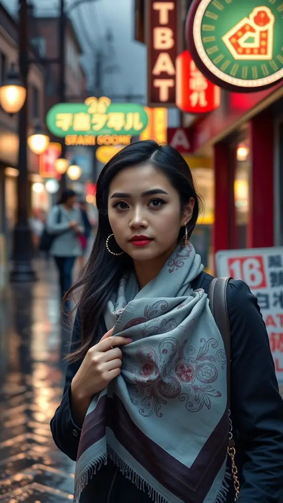 A woman wearing a silk scarf in a city street setting, showcasing the elegance and versatility of this accessory.