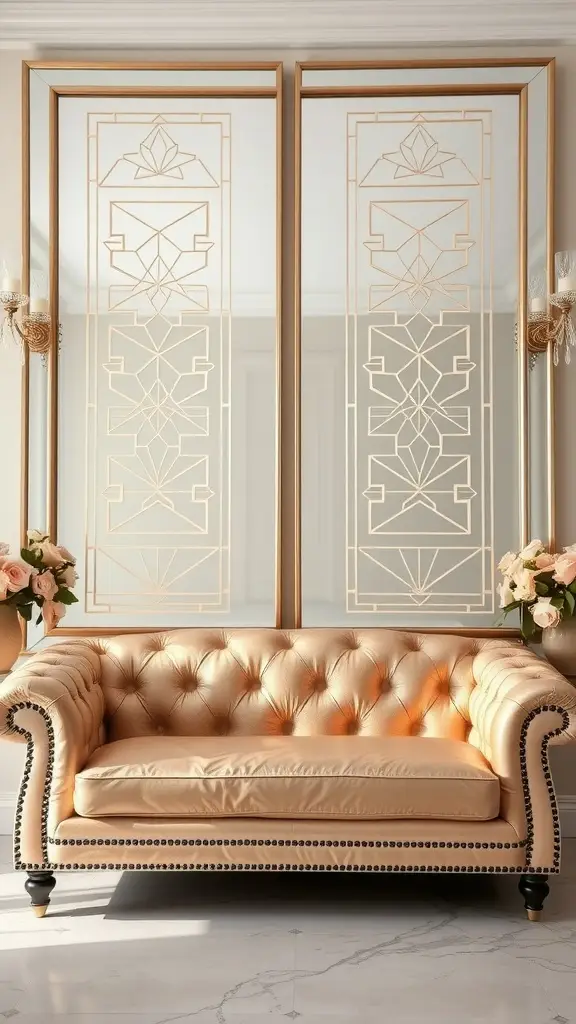 A champagne velvet couch with tufted design and intricate detailing, set against mirrored walls and floral arrangements.