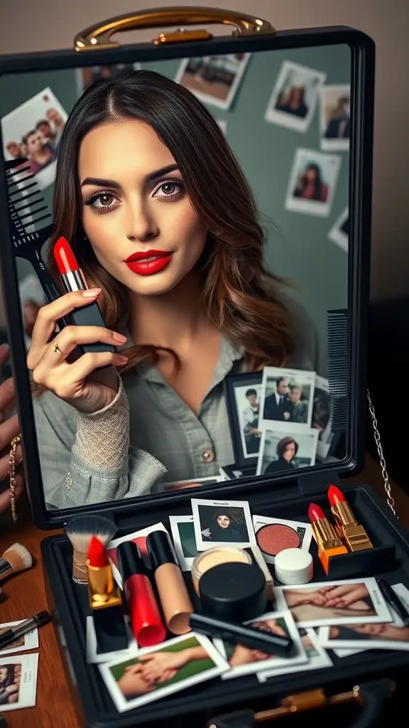 A stylish vanity kit with makeup products and a woman holding red lipstick in front of a mirror.