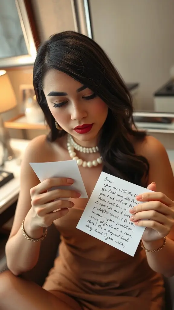 A stylish woman reading a love letter while holding a chic purse, embodying a classic Mad Men aesthetic.