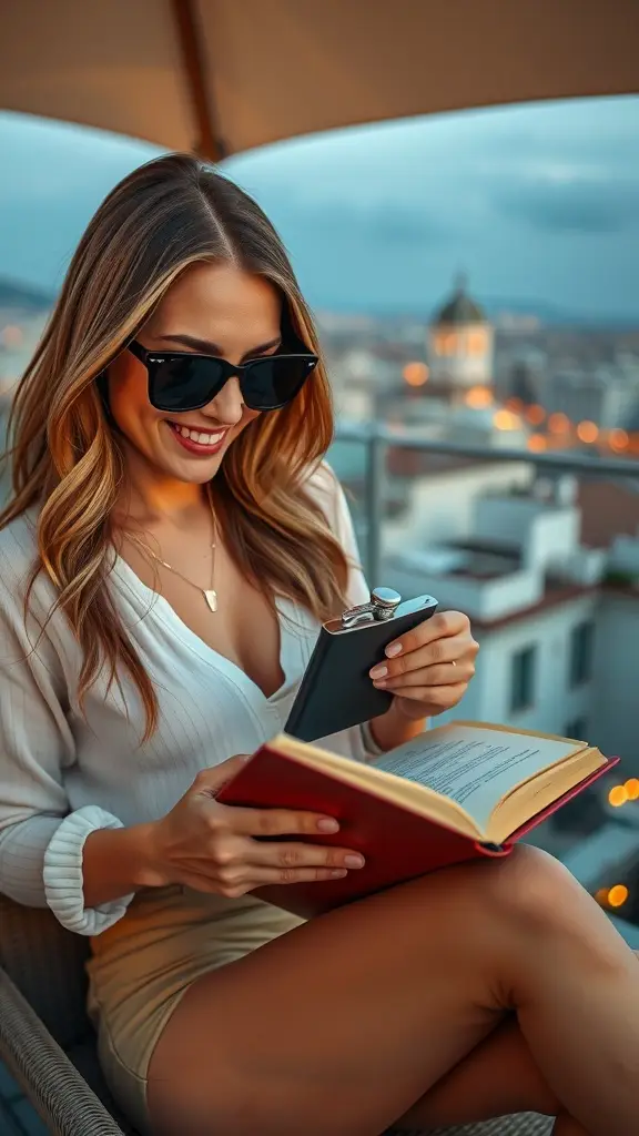 A woman holding a flask and a book on a rooftop at sunset.