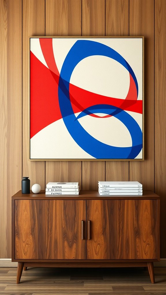 Abstract wall art featuring a red line and blue curve on a cream background