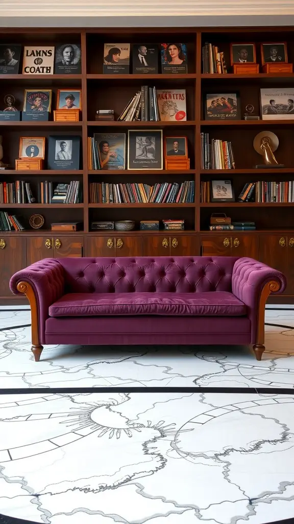 A deep plum couch in front of a wooden bookshelf filled with records and framed photos on a decorative floor.