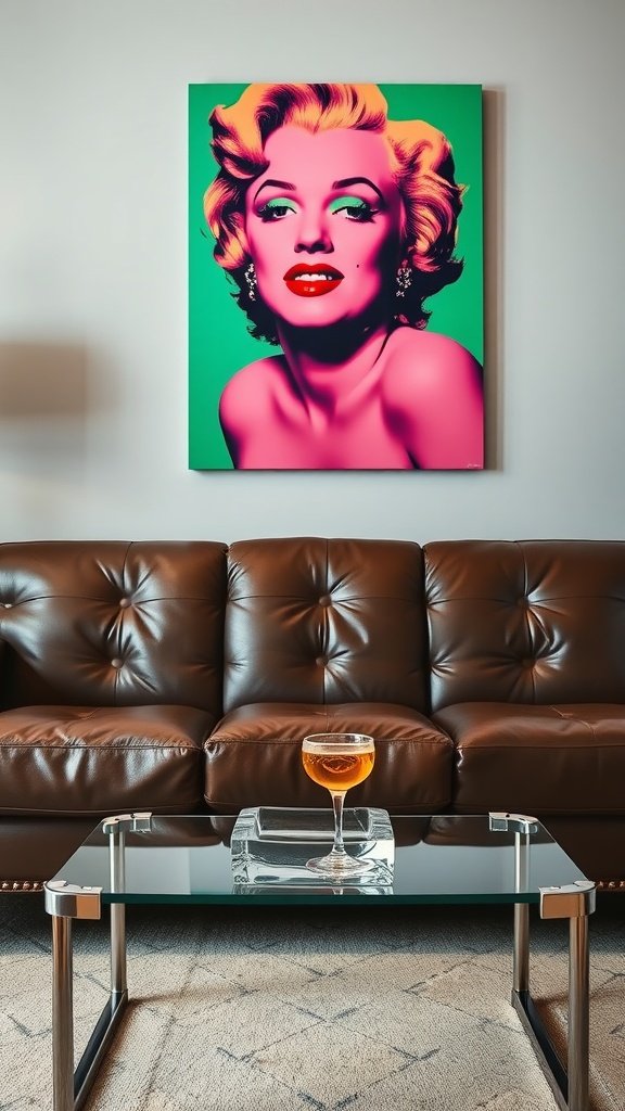 Neon wall art of Marilyn Monroe above a brown leather couch with a glass coffee table.