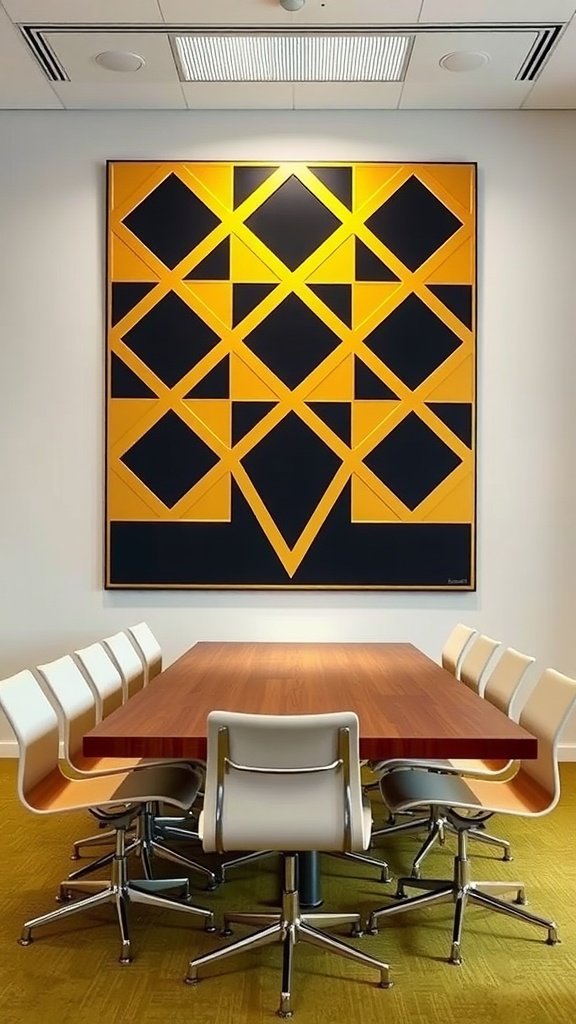 A geometric wall art piece in yellow and black above a wooden table with modern chairs.