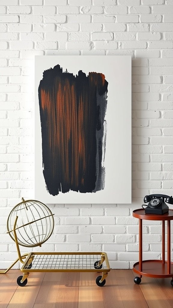 Abstract wall art featuring dark hues and orange strokes on a white background