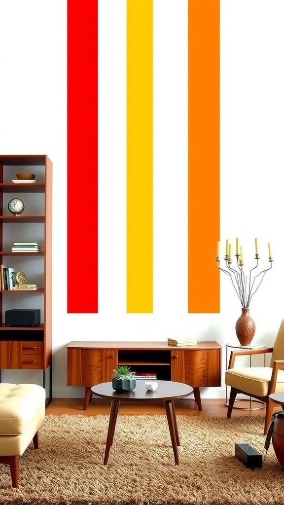 A living room with bold primary color wall art featuring red, yellow, and orange stripes.