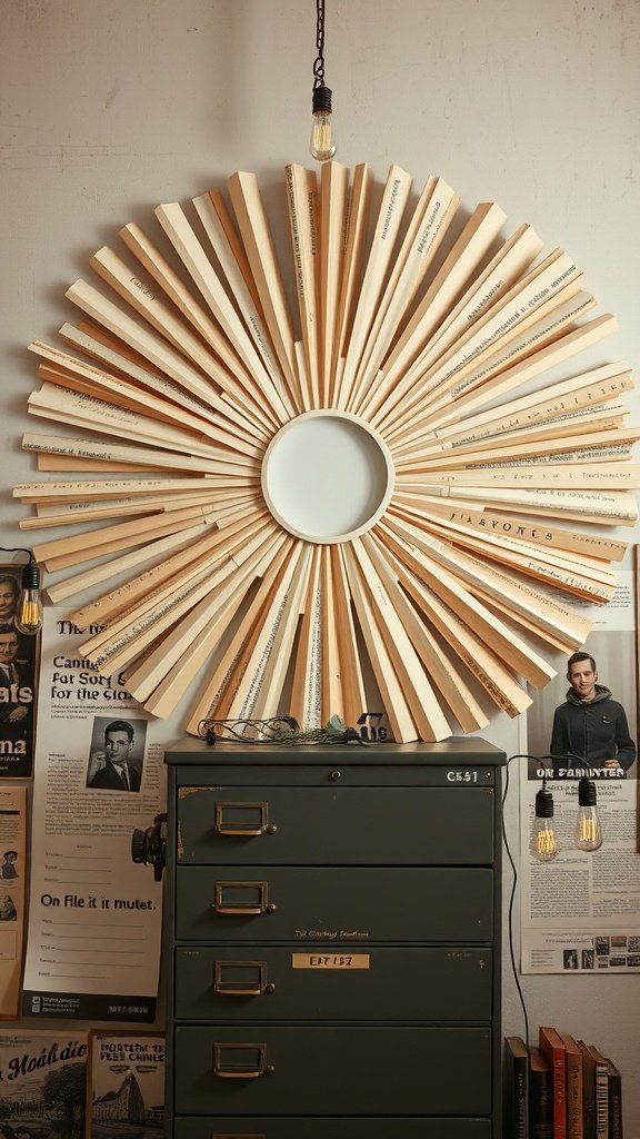 A sepia-toned sunburst mirror made from book pages, hanging above a vintage filing cabinet.