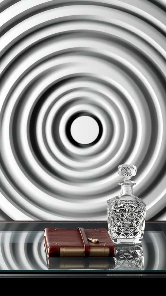 A black and white op art vortex design on a wall, with a glass decanter and a leather notebook on a reflective surface in the foreground.