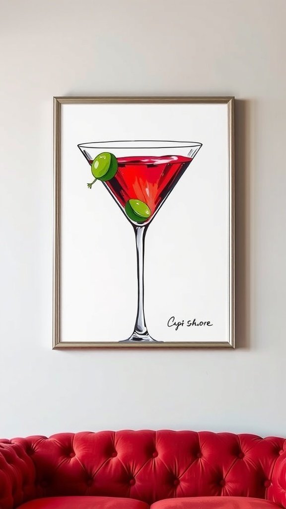 A vibrant pop art style martini glass filled with red liquid and green olives, placed on a vintage typewriter.