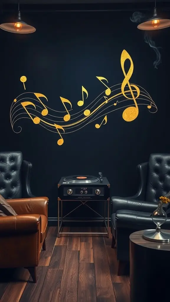 Wall art featuring golden musical notes on a dark wall, with a record player and cozy seating.