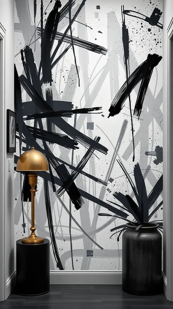 Abstract wall art featuring chaotic black and grey lines on a white background