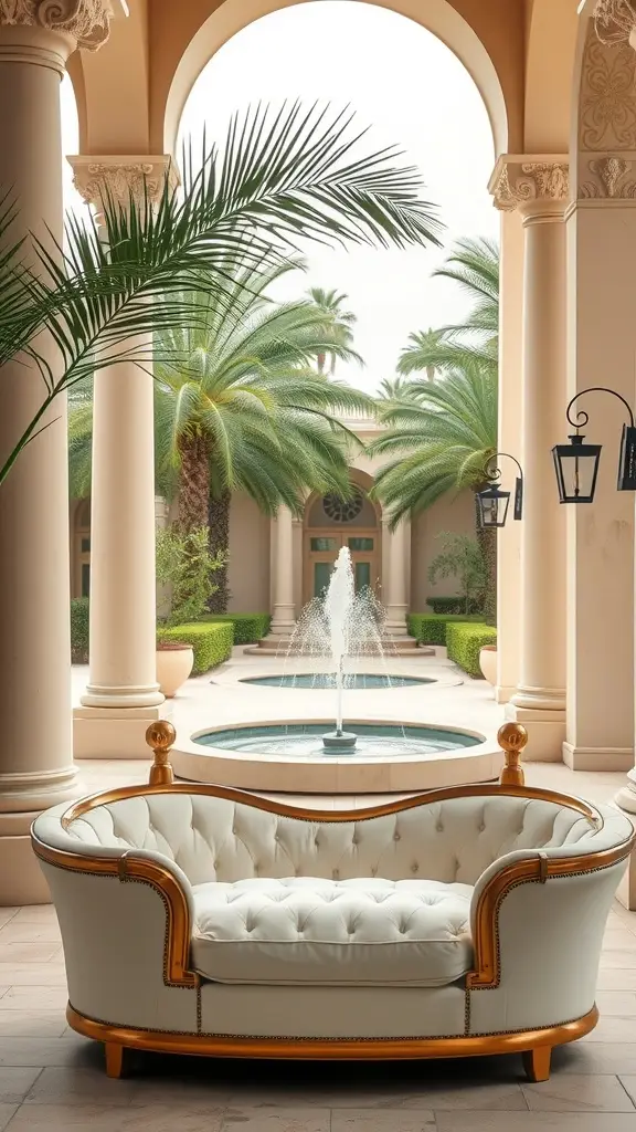 An elegant ivory tufted couch with golden accents, positioned on a terrace with palm trees and a fountain in the background.