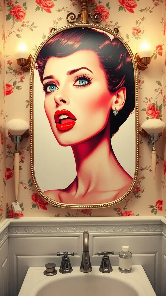 Wall art featuring a woman with cherry red lips and curls in a vintage mirror