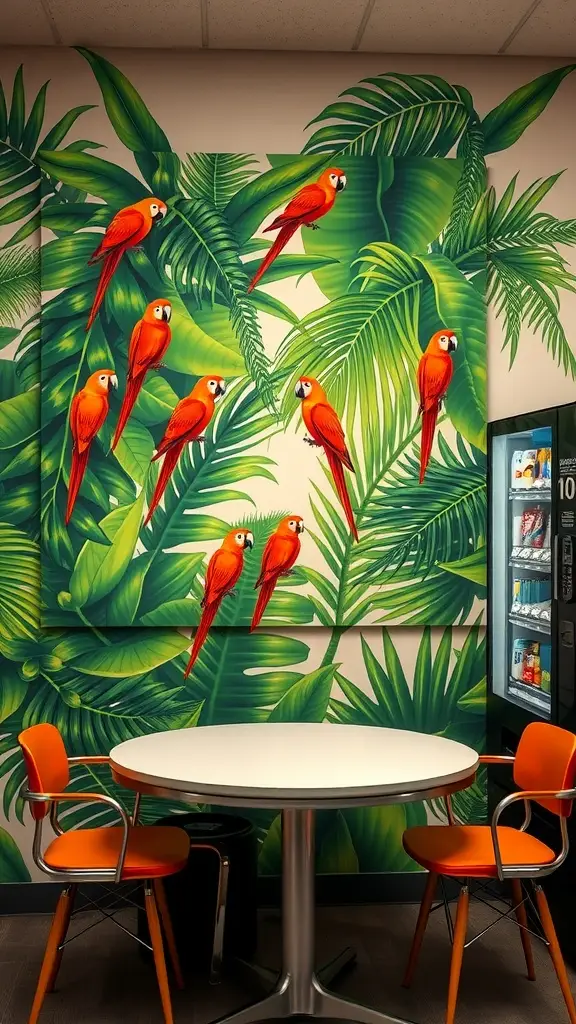 A vibrant mural featuring red parrots on green leaves, with a round table and orange chairs in front.