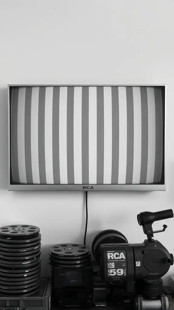 Vintage television displaying static with film reels and an old camera