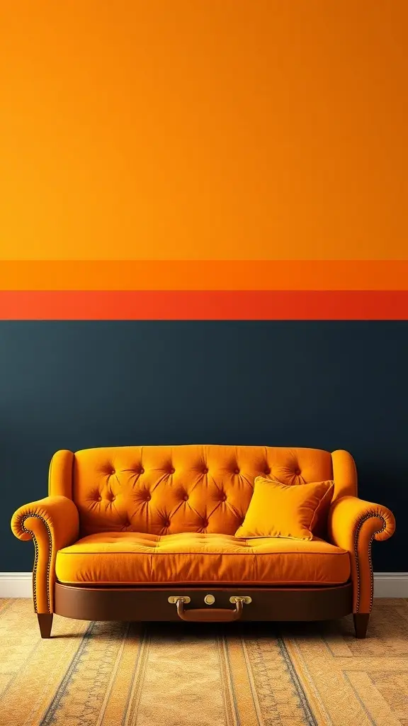 A living room featuring a bright orange wall with a navy color block, complemented by an orange tufted sofa.