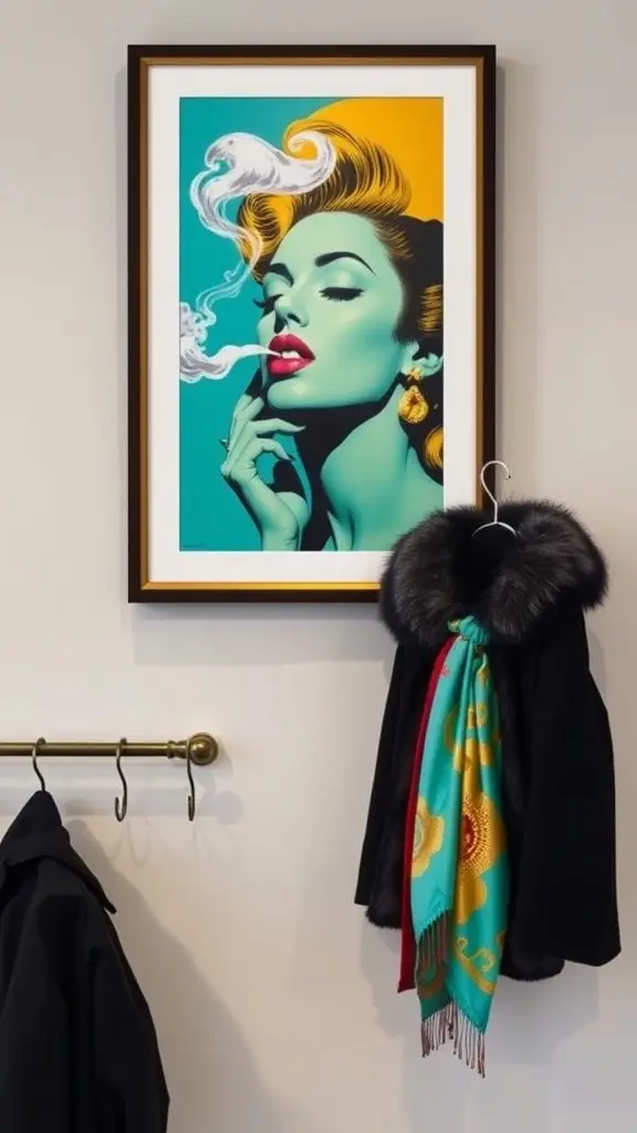 A stylish woman in a turquoise blazer and yellow skirt holding a cigarette, with a fur stole, set against a teal background.