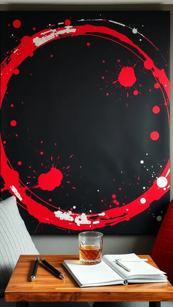 A bold wall art piece featuring a black background with red and white splatters and circular designs.