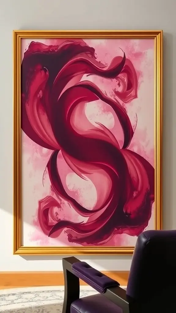 Abstract wall art with swirling red and pink patterns in a golden frame