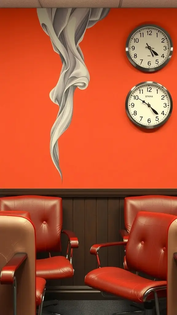 A red wall with smoke art and a clock, featuring empty chairs in a waiting area.