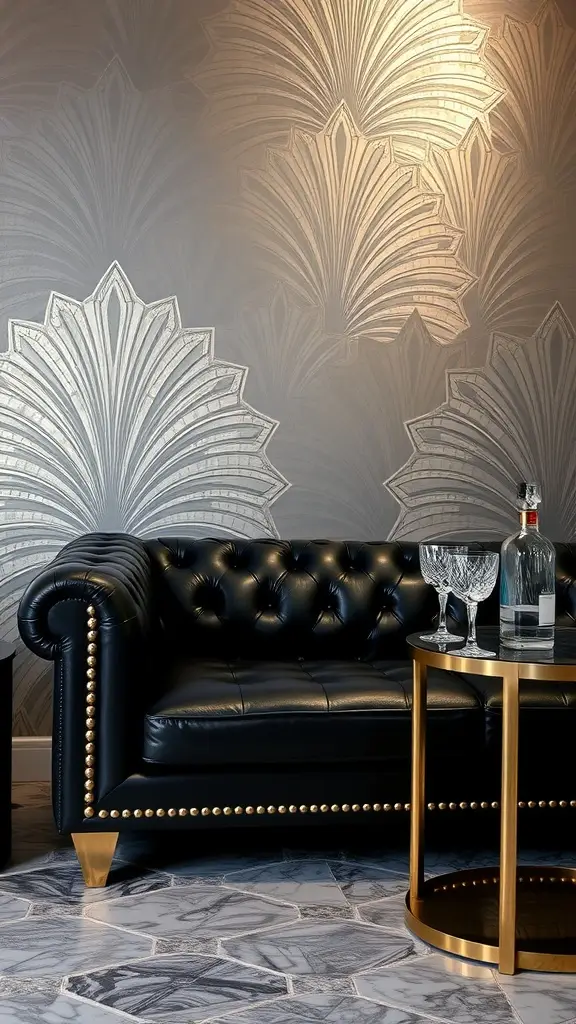 A luxurious black couch with silver stitching, set against art deco wallpaper, featuring a gold accent table with drinkware.