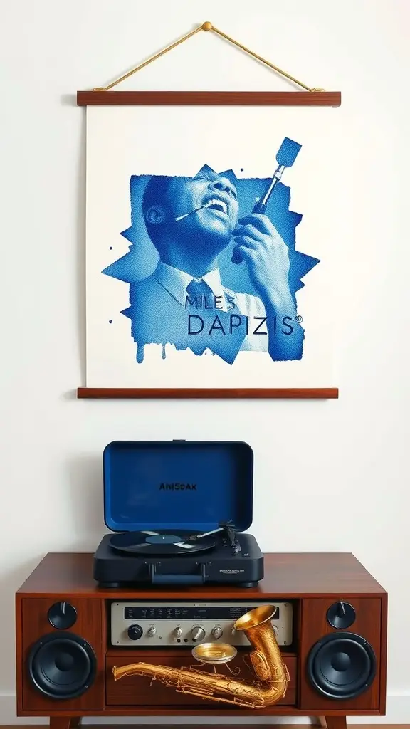 A blue-themed wall art of a jazz musician smiling, with a vintage record player and saxophone in the foreground.