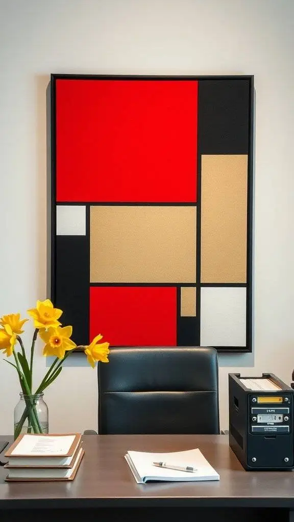 A modern cubic wall art piece featuring bold red, black, and beige colors, displayed above a desk with flowers and stationery.