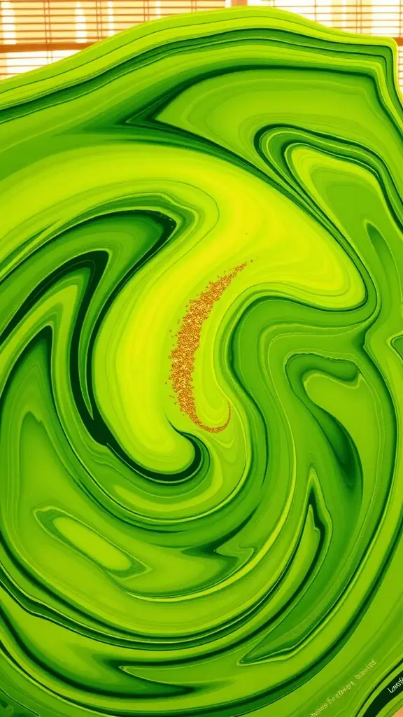 Vibrant chartreuse wall art with swirling patterns and a glittery accent.