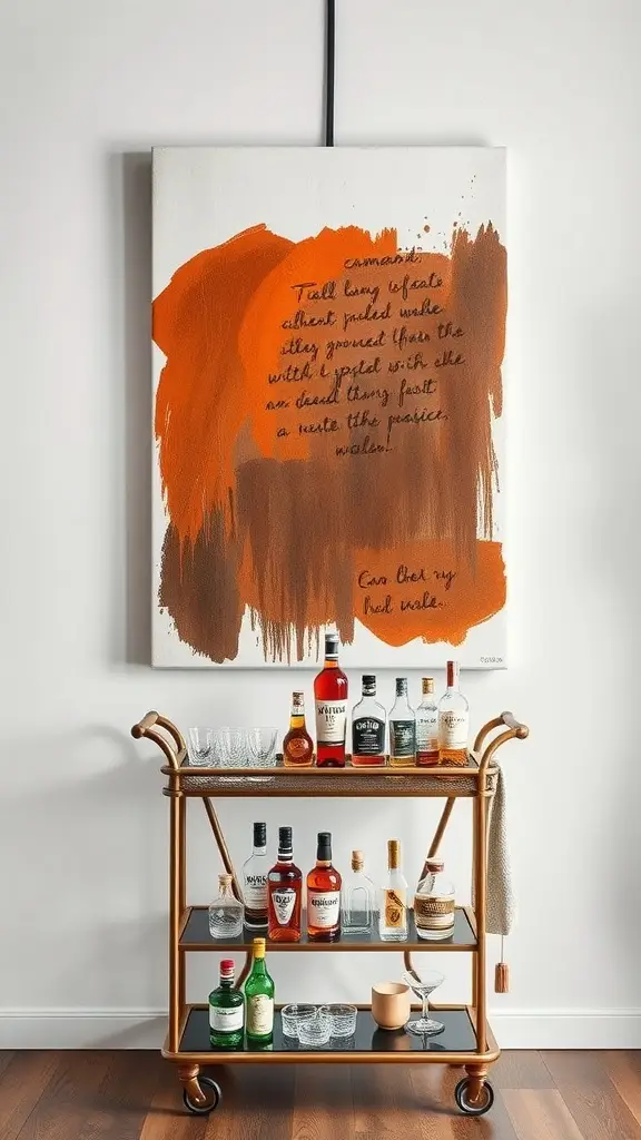 A warm-toned abstract wall art piece with handwritten text, displayed above a stylish bar cart filled with various bottles and glassware.